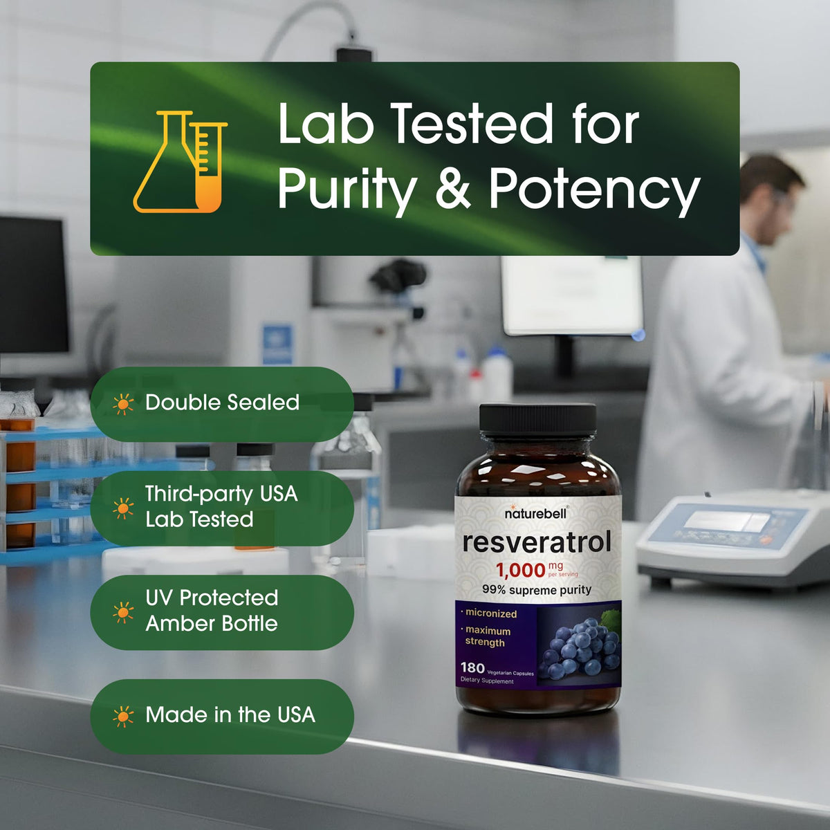 Bouteille de NatureBell Resveratrol avec capsules à côté