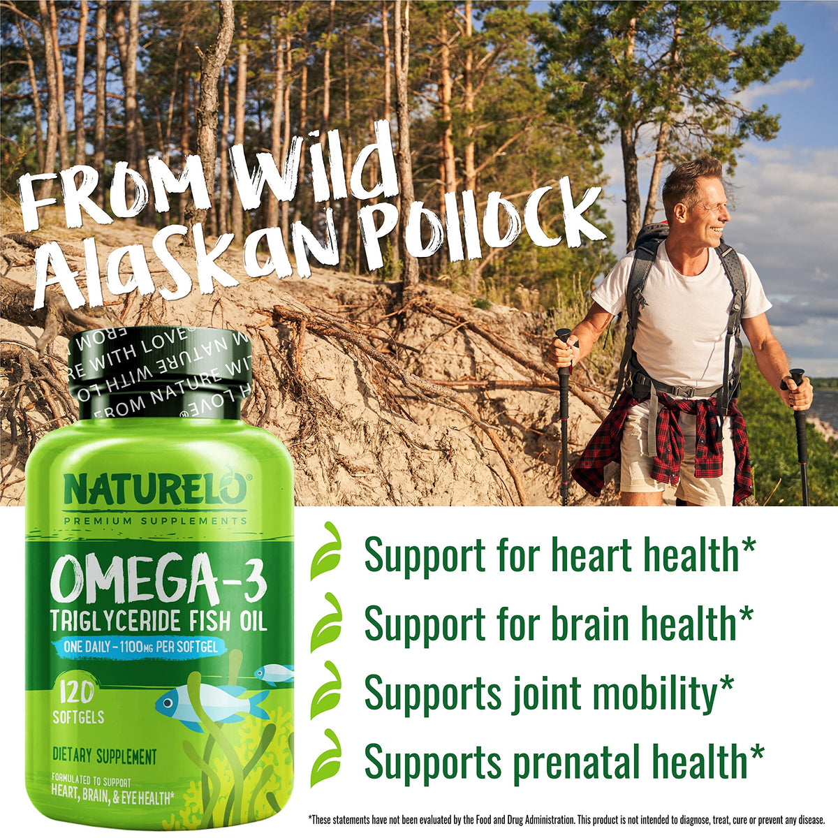 Bouteille de NATURELO Omega 3 avec gélules en arrière-plan