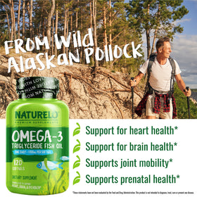 Bouteille de NATURELO Omega 3 avec gélules en arrière-plan