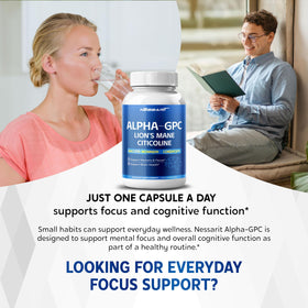 Bouteille de NESSARIT Liposomal Alpha-GPC ouverte montrant les capsules