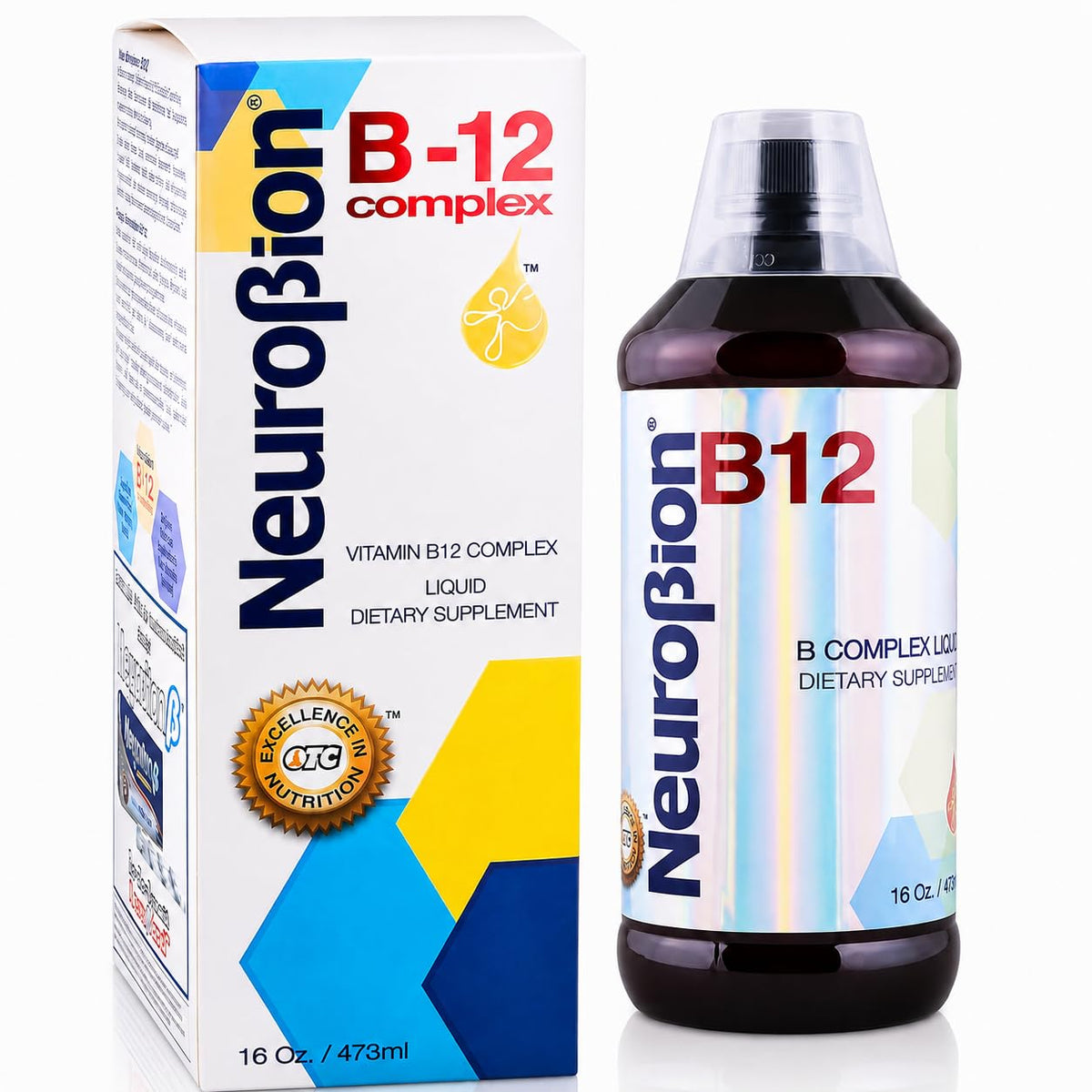 Bouteille de Neurobion B12 Complex 473 ml devant un fond neutre