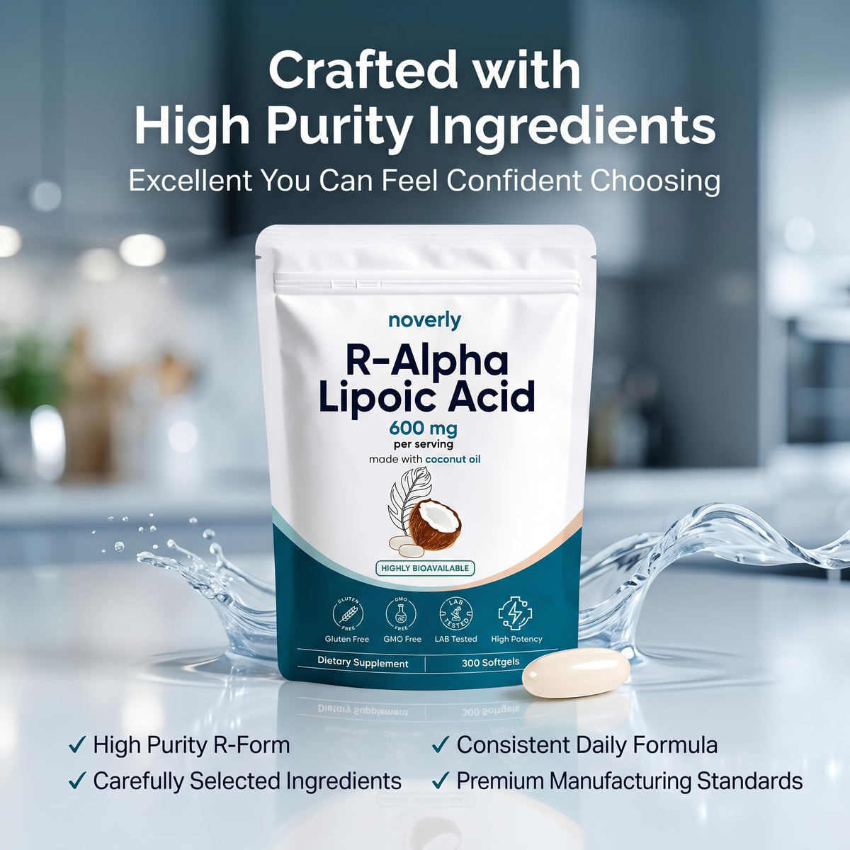 Bouteille de noverly R-Alpha Lipoïque 600mg avec étiquette visible