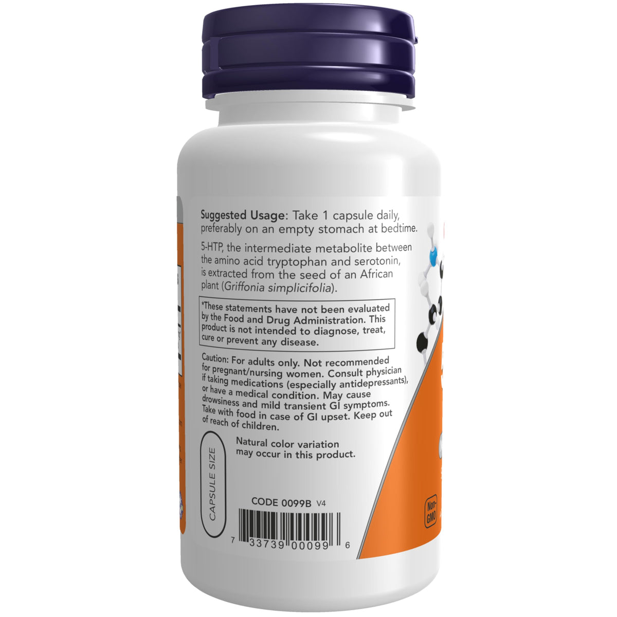 Bouteille de NOW Foods 5-HTP vue de côté