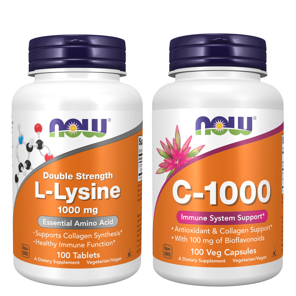 Bouteille de NOW Foods Bundle L-Lysine et Vit C 1000mg vue de face