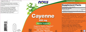 Bouteille de NOW Foods Cayenne 500 mg avec couvercle ouvert