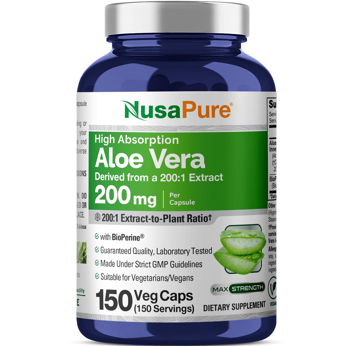 Bouteille de NusaPure Aloe Vera 200 mg contenant 150 capsules végétales