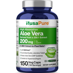 Bouteille de NusaPure Aloe Vera 200 mg contenant 150 capsules végétales