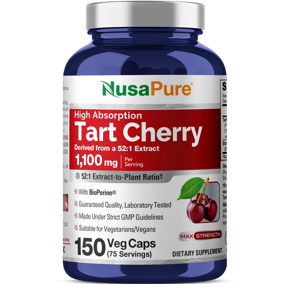 Bouteille de NusaPure Cerise Acide 1100 mg contenant 150 capsules végétales