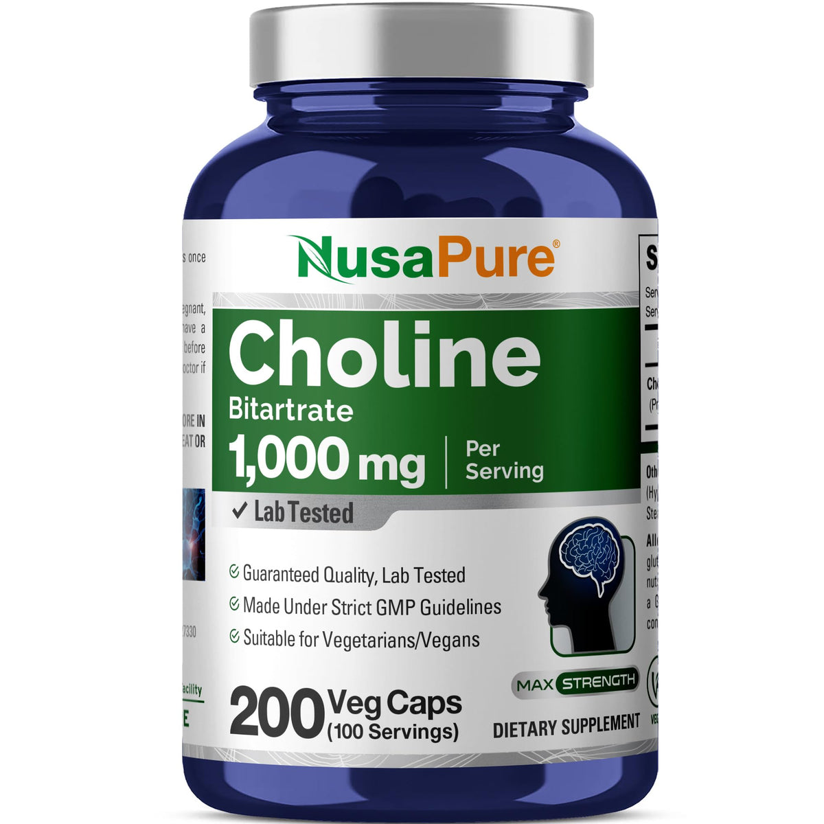 Bouteille de NusaPure Choline Bitartrate 1000mg avec 200 capsules