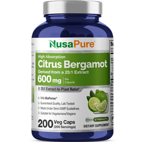 Bouteille de NusaPure Citrus Bergamot 600mg avec 200 capsules végétales
