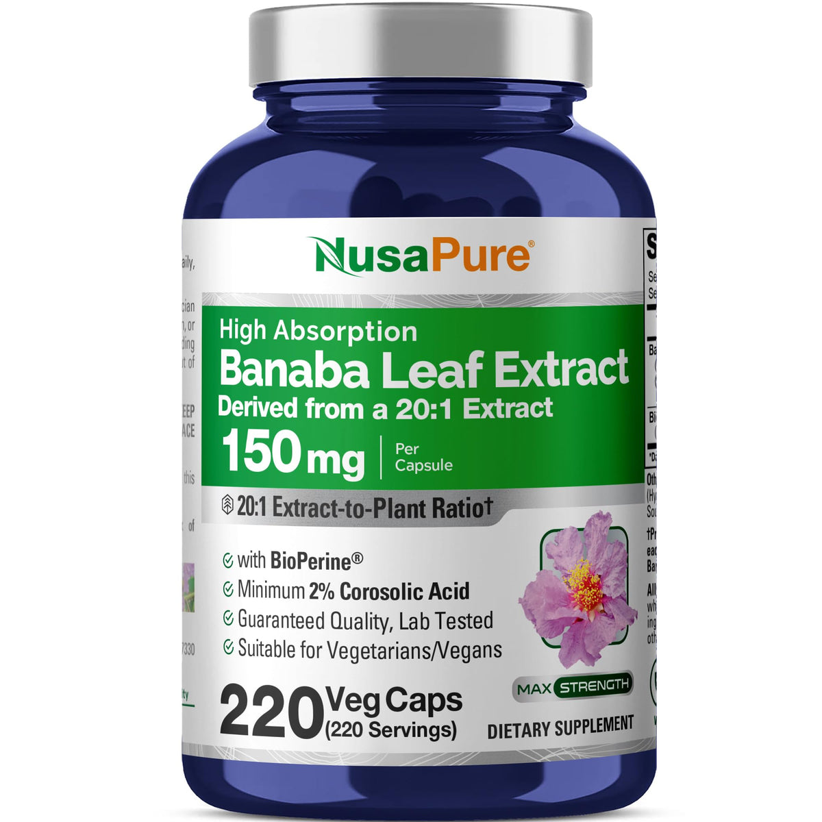 Bouteille de NusaPure Feuille de Banaba 150mg avec 220 gélules végétales