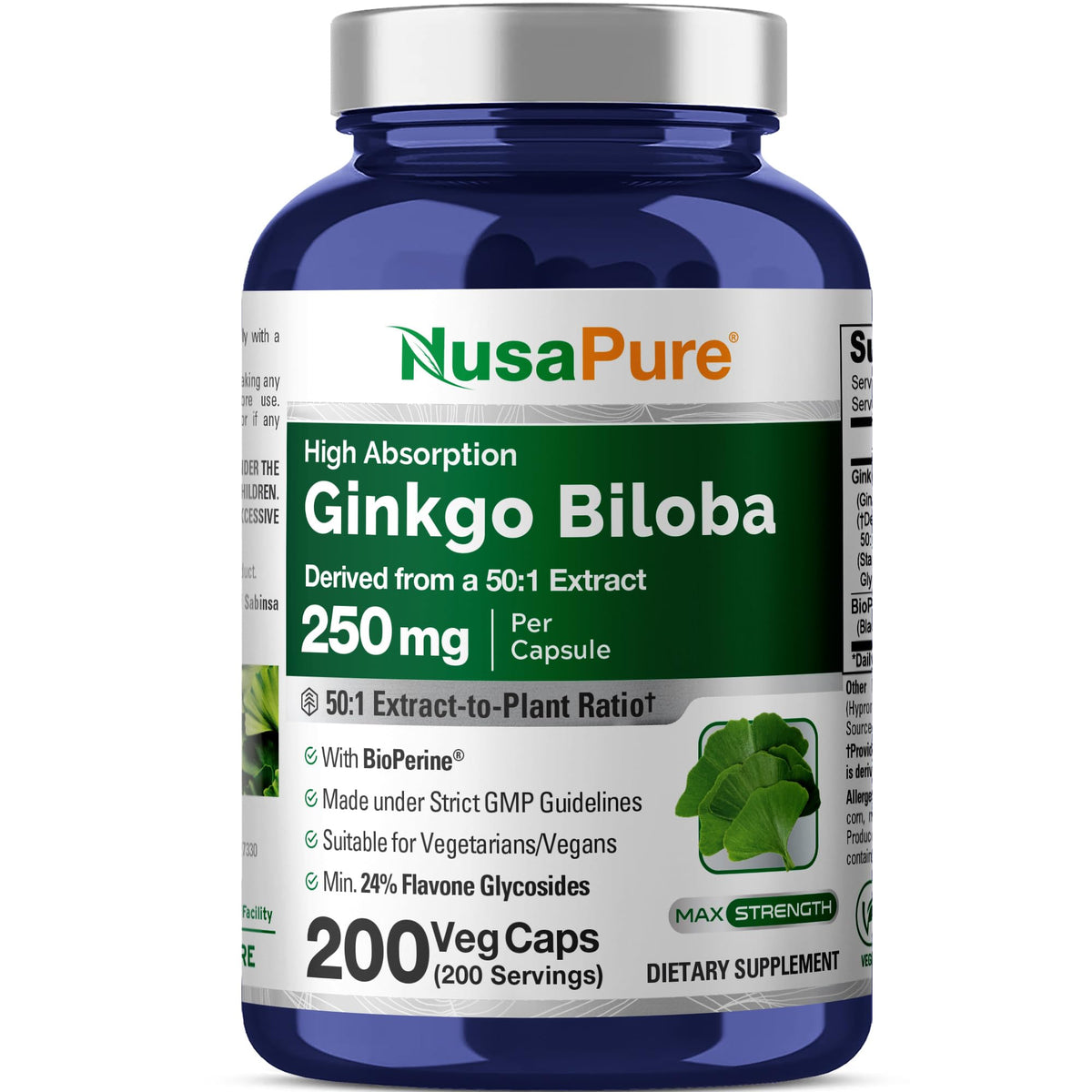Bouteille de NusaPure Ginkgo Biloba 250mg avec 200 capsules végétales