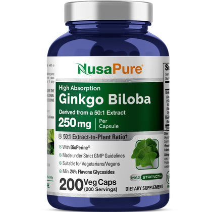 Bouteille de NusaPure Ginkgo Biloba 250mg avec 200 capsules végétales