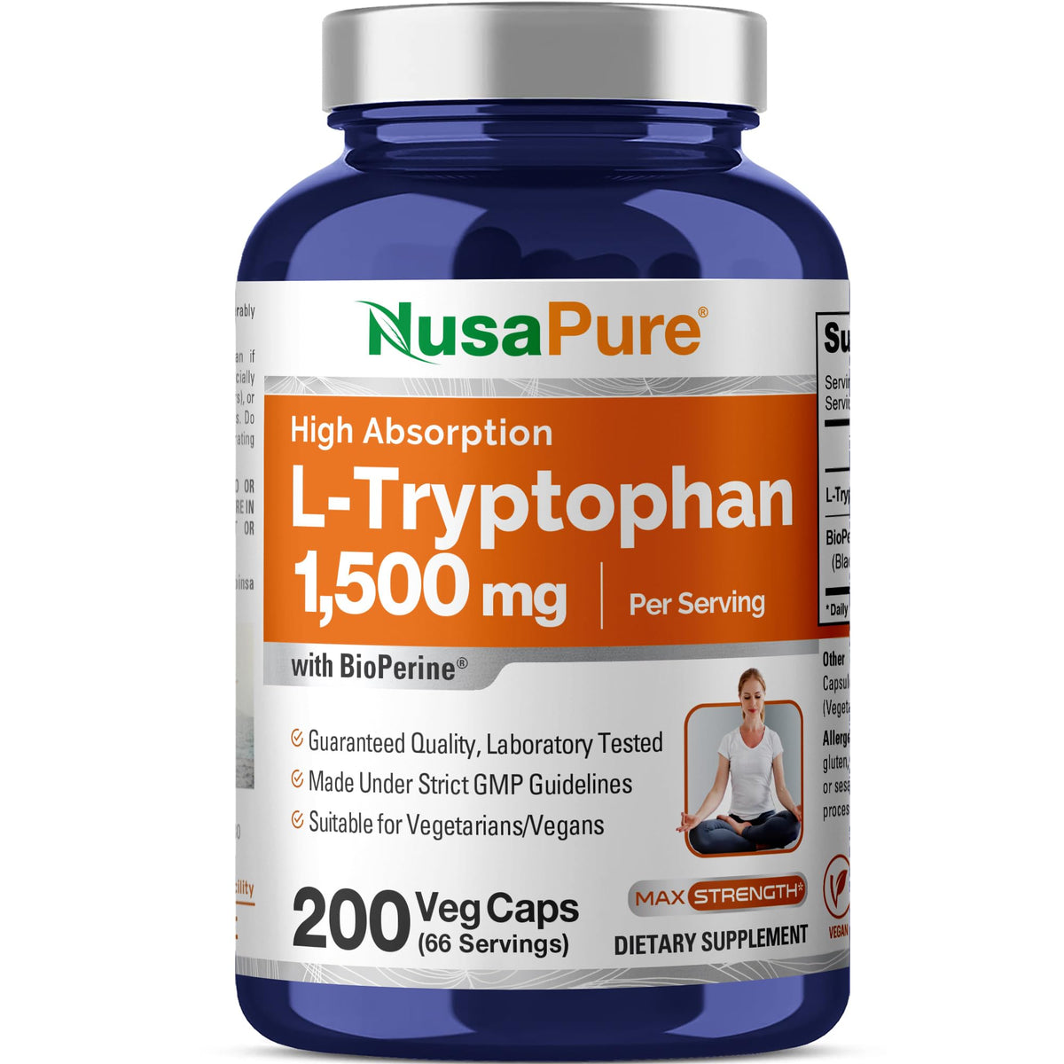 Bouteille de NusaPure L-Tryptophan 1500mg avec 200 capsules