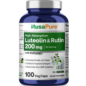 Bouteille de NusaPure Luteolin et Rutin 200mg contenant 100 capsules végétales