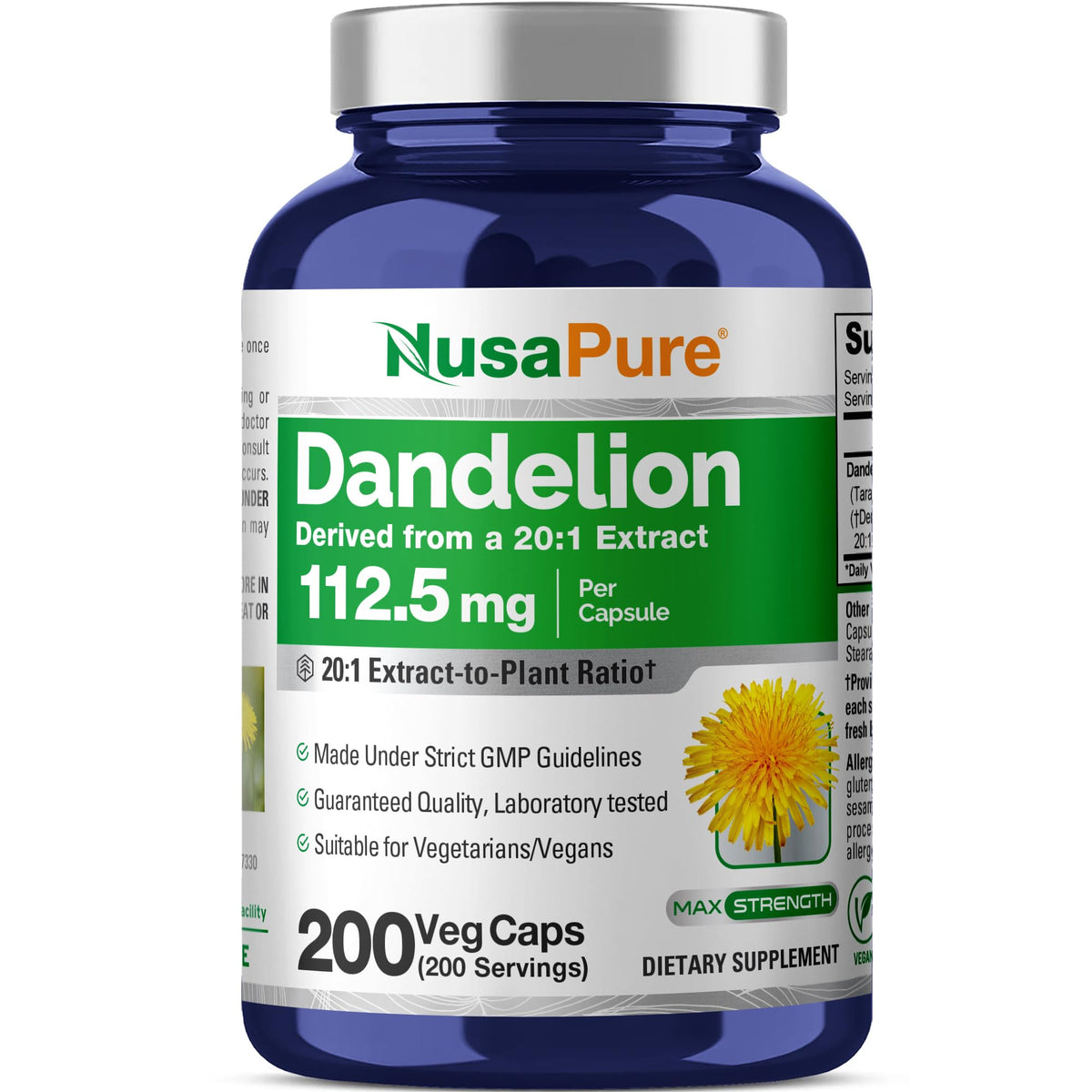 Bouteille de NusaPure Racine de Pissenlit 112,5 mg 200 Capsules Végétales vue de face