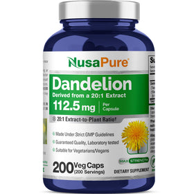 Bouteille de NusaPure Racine de Pissenlit 112,5 mg 200 Capsules Végétales vue de face