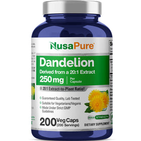 Bouteille de NusaPure Racine de Pissenlit 250mg contenant 200 capsules