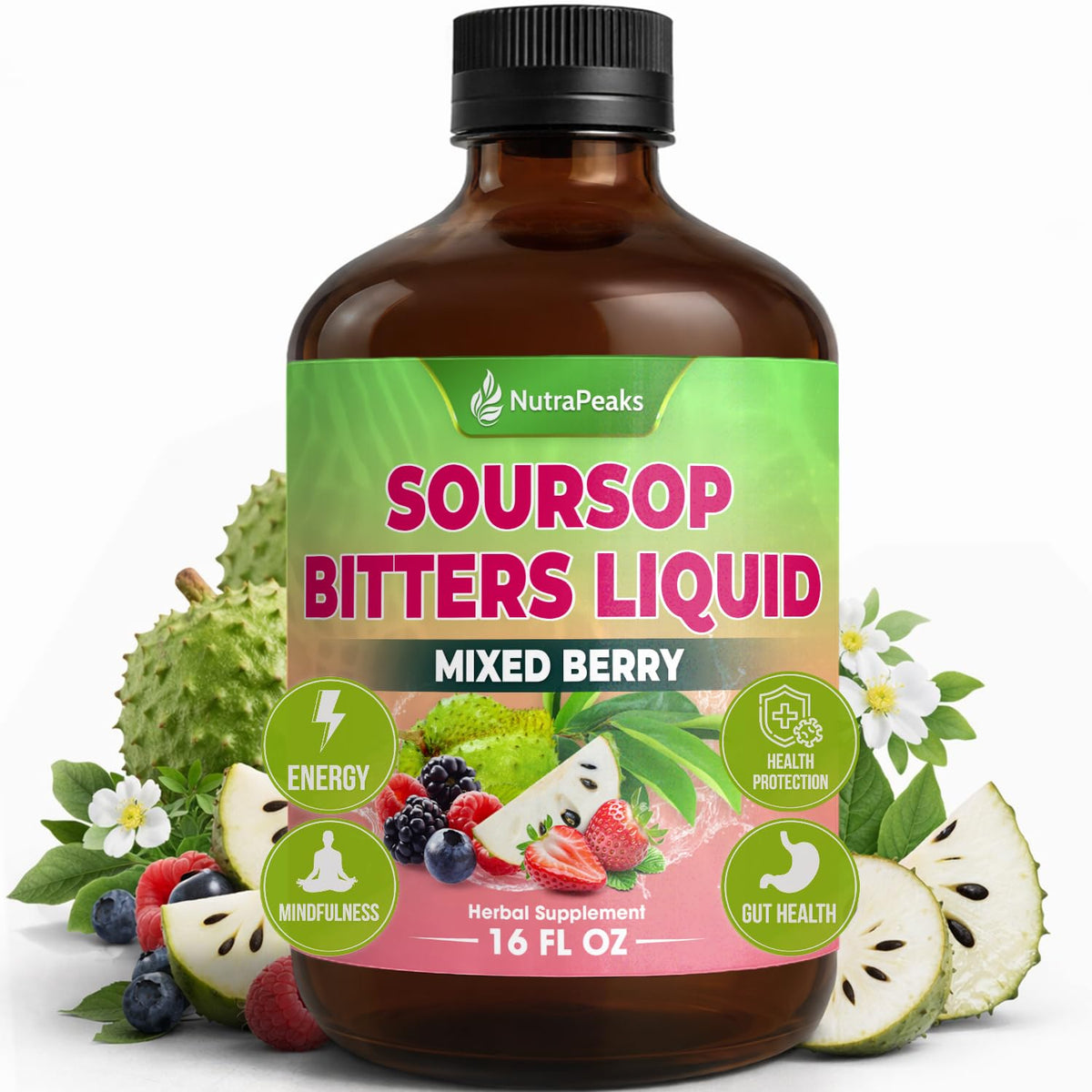 Bouteille de NutraPeaks Bitters Liquide Soursop 16 fl oz vue de face