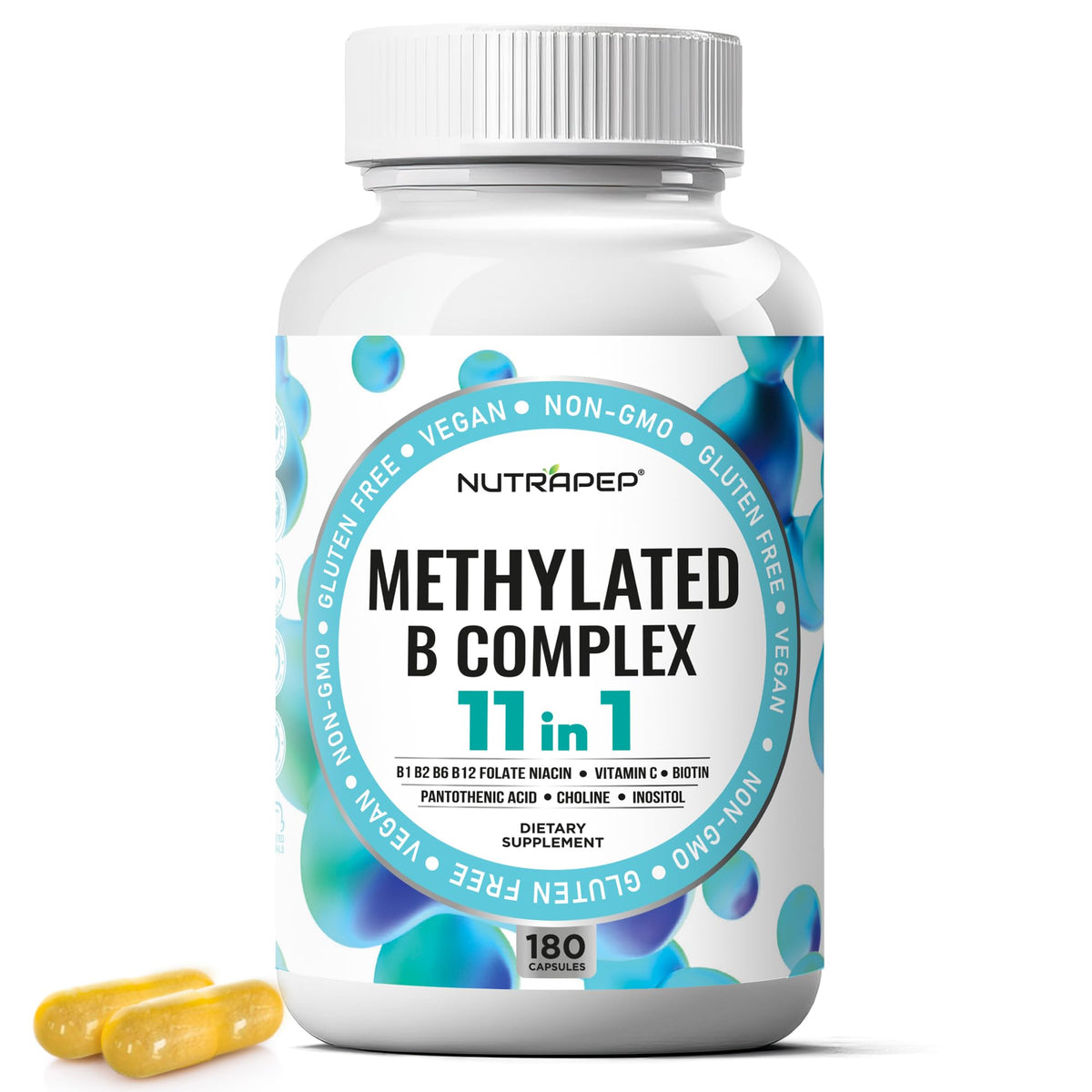 Bouteille de NutraPep Methylated B-Complex 180 capsules vue de face