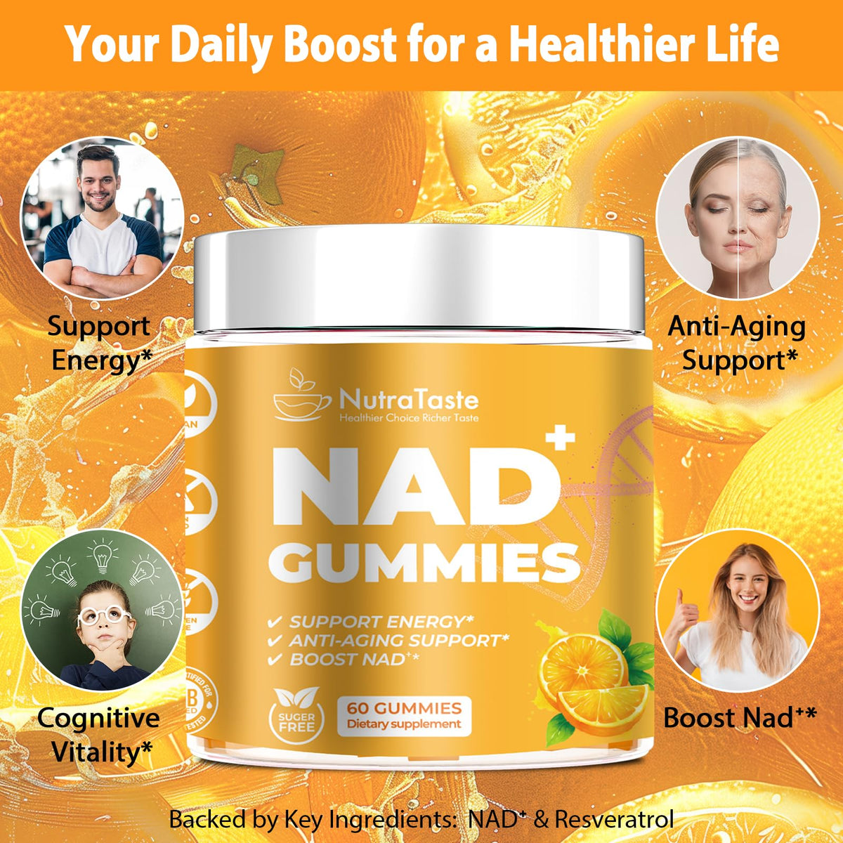 Bouteille de NUTRATASTE Gummies NAD⁺ avec étiquette visible