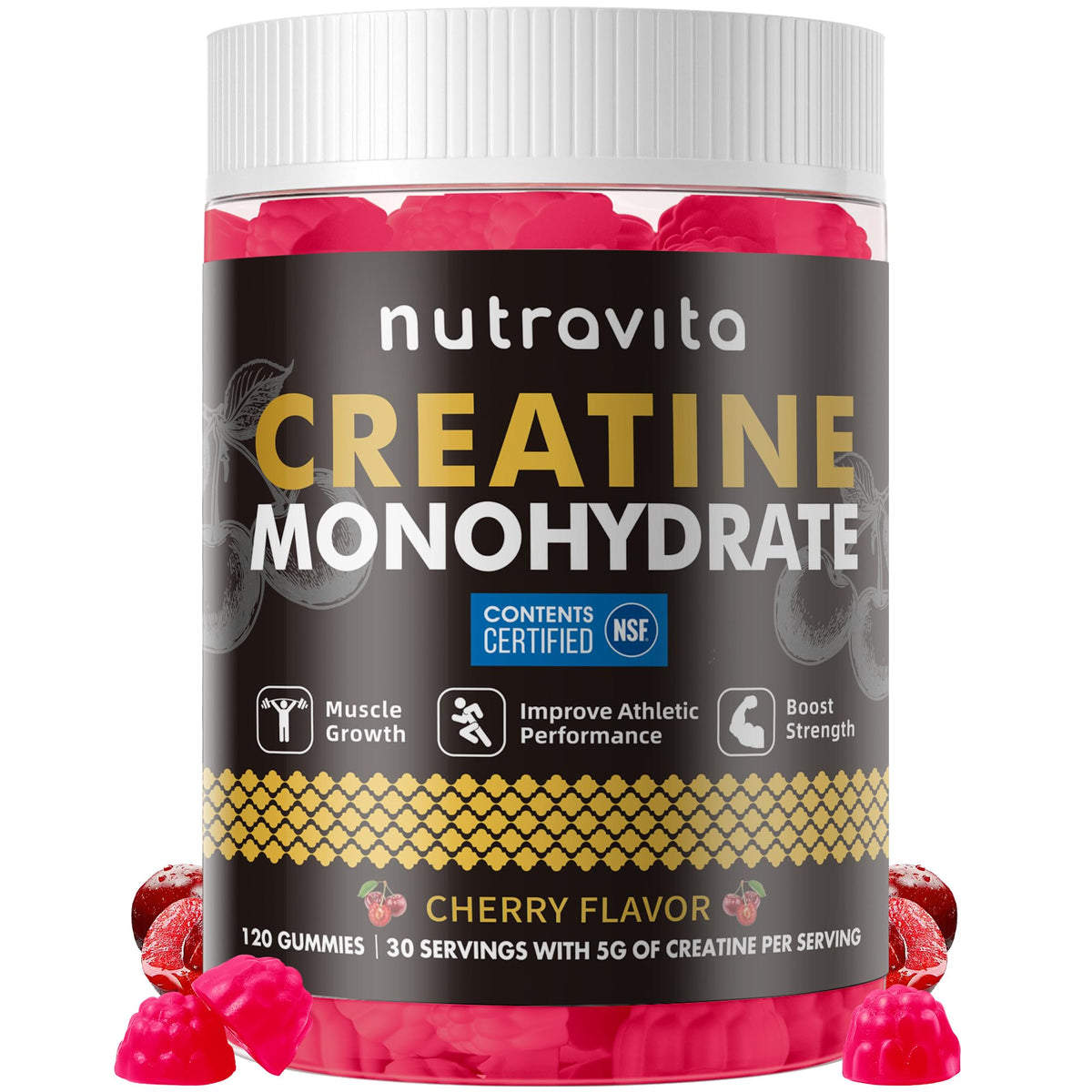 Bouteille de Nutravita Gummy de Créatine Monohydrate 120 gummies cerise