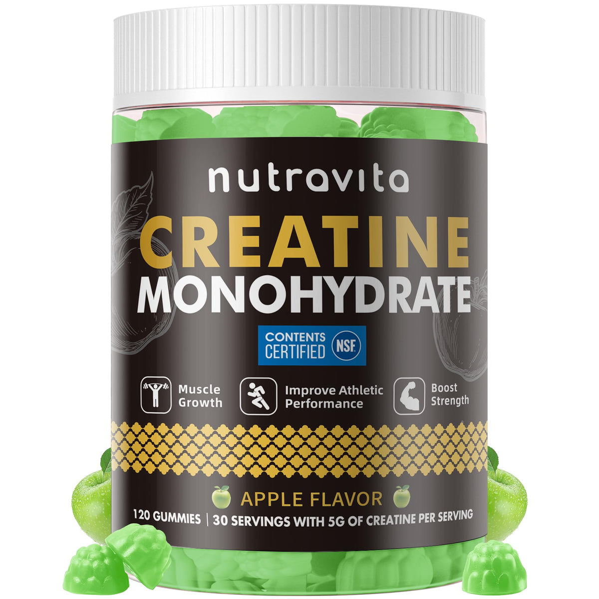 Bouteille de Nutravita Gummy de Créatine Monohydrate 120 gummies saveur pomme