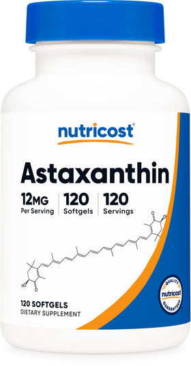Bouteille de Nutricost Astaxanthin 12mg 120 gélules souples vue de face