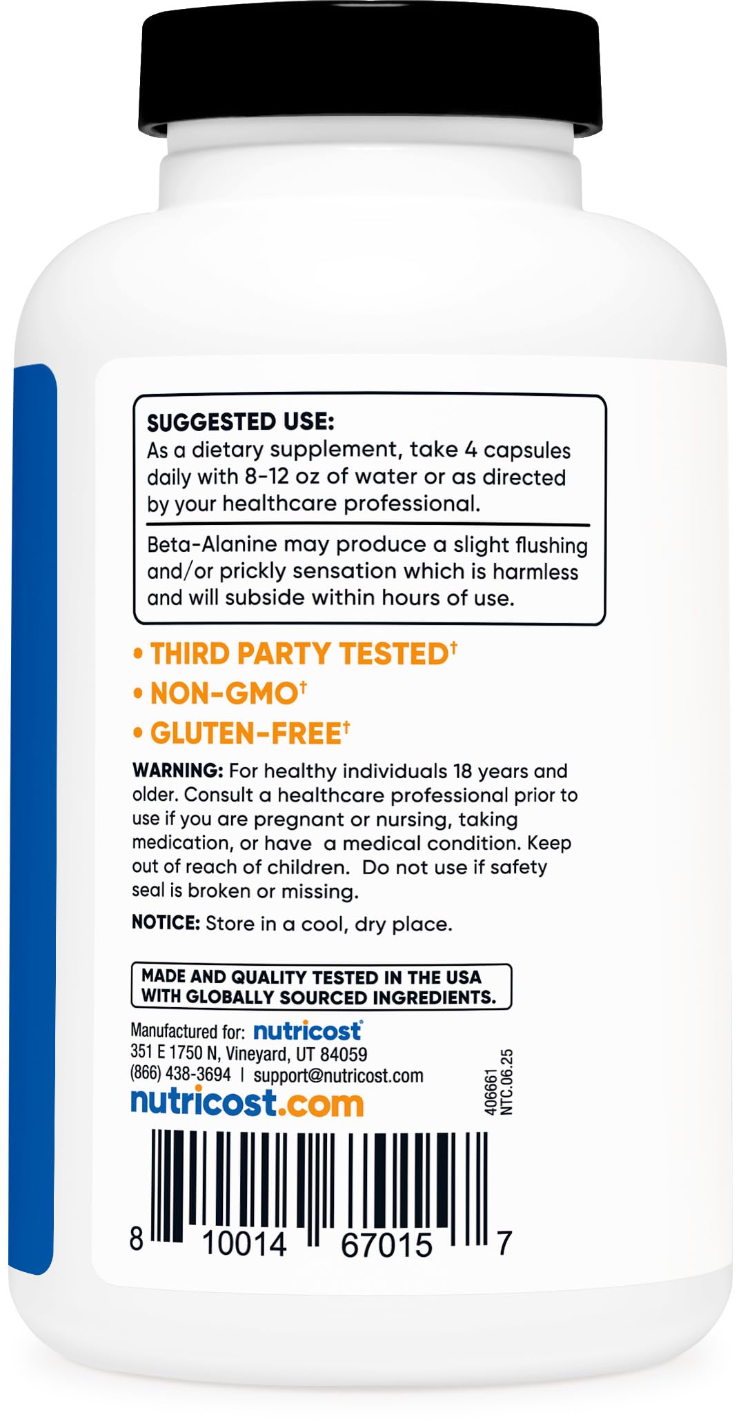Bouteille de Nutricost Beta-Alanine avec étiquette visible
