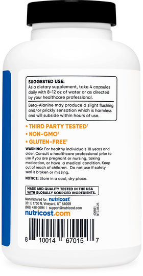 Bouteille de Nutricost Beta-Alanine avec étiquette visible