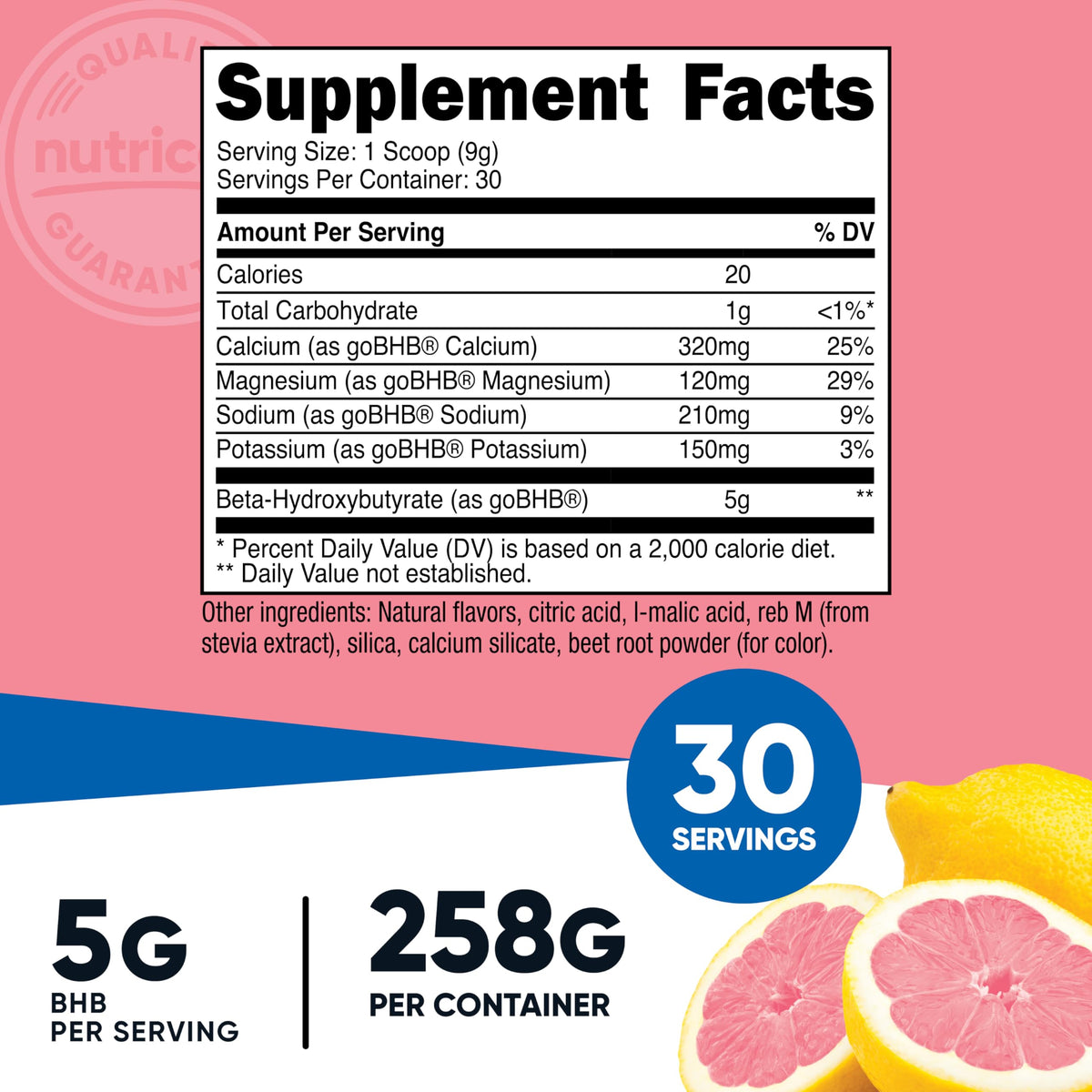 Bouteille de Nutricost BHB Salts Drink Mix avec étiquette détaillée