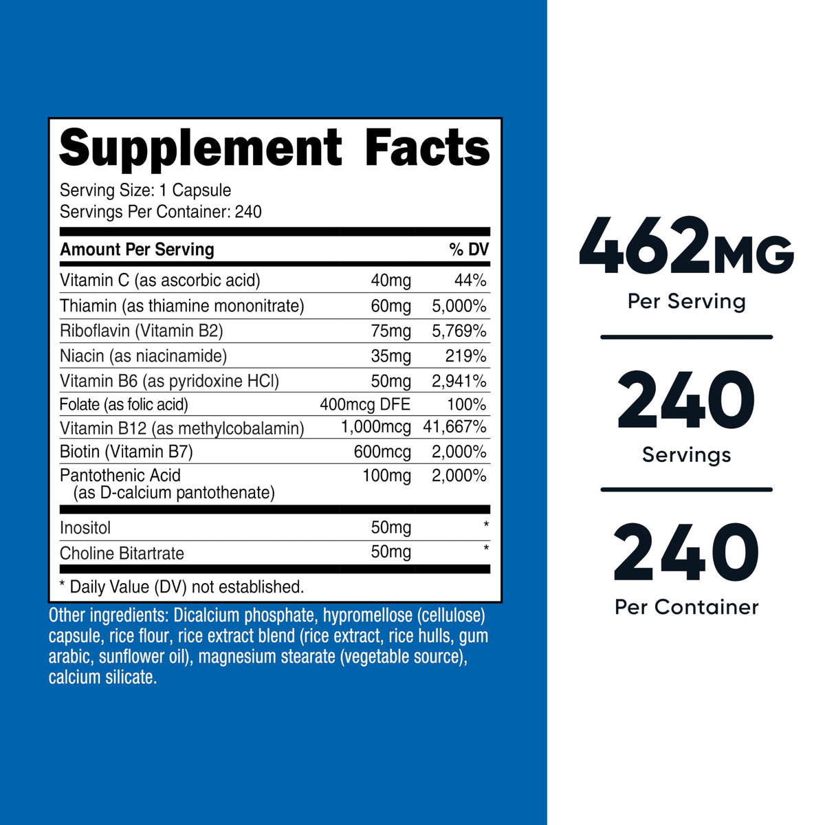 Bouteille de Nutricost Complexe de Vitamines B avec capsules visibles