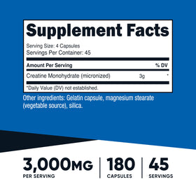 Bouteille de Nutricost Créatine Monohydrate 180 capsules