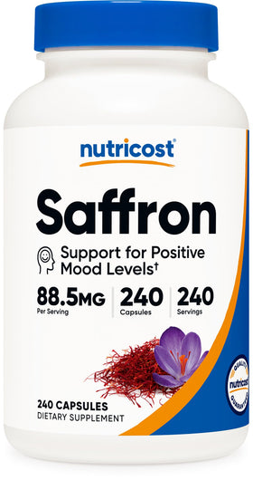 Bouteille de Nutricost Extrait de Safran 88,5 mg 240 capsules vue de face