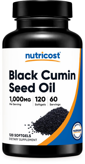 Bouteille de Nutricost Huile de Graines Noires 1000mg avec 120 gélules molles