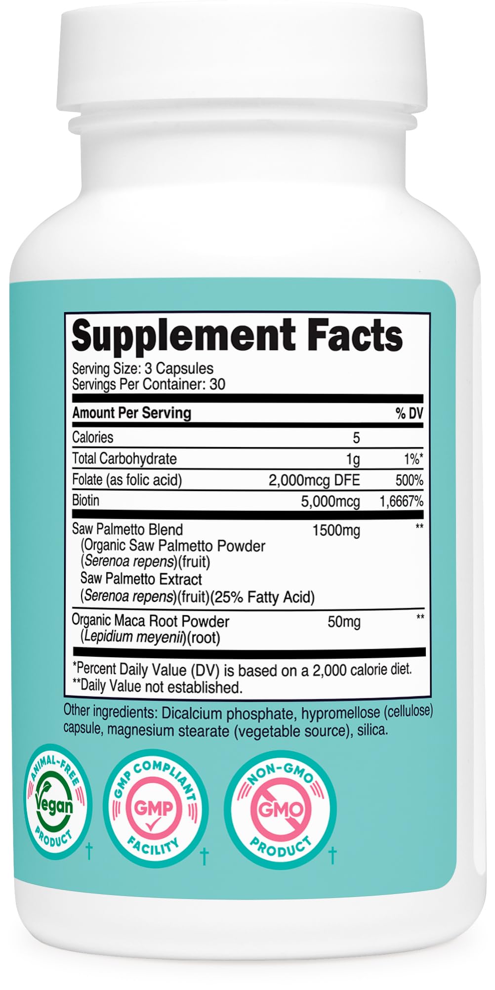 Bouteille de Nutricost Saw Palmetto avec capsules sur le dessus
