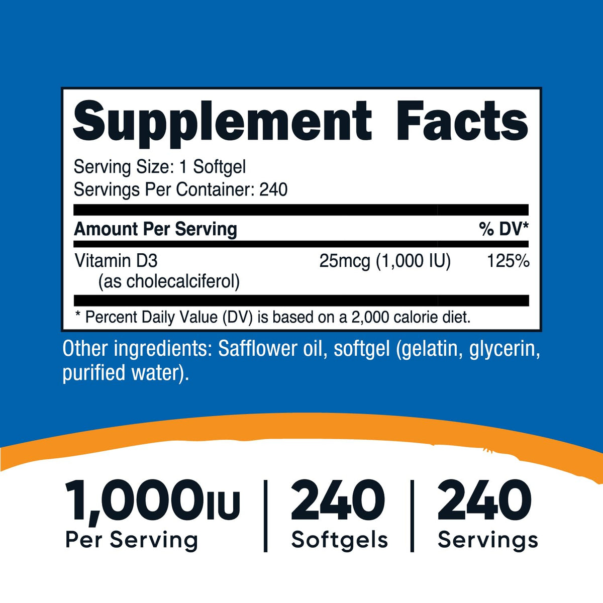 Bouteille de Nutricost Vitamine D3 1000iu avec étiquette