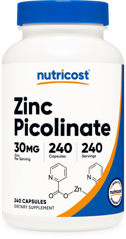 Bouteille de Nutricost Zinc Picolinate 30mg 240 capsules végétariennes