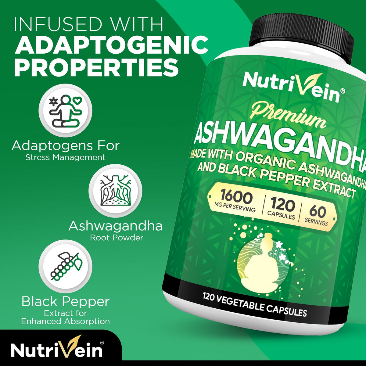 Bouteille de Nutrivein Ashwagandha Racine 1600 mg avec étiquette visible