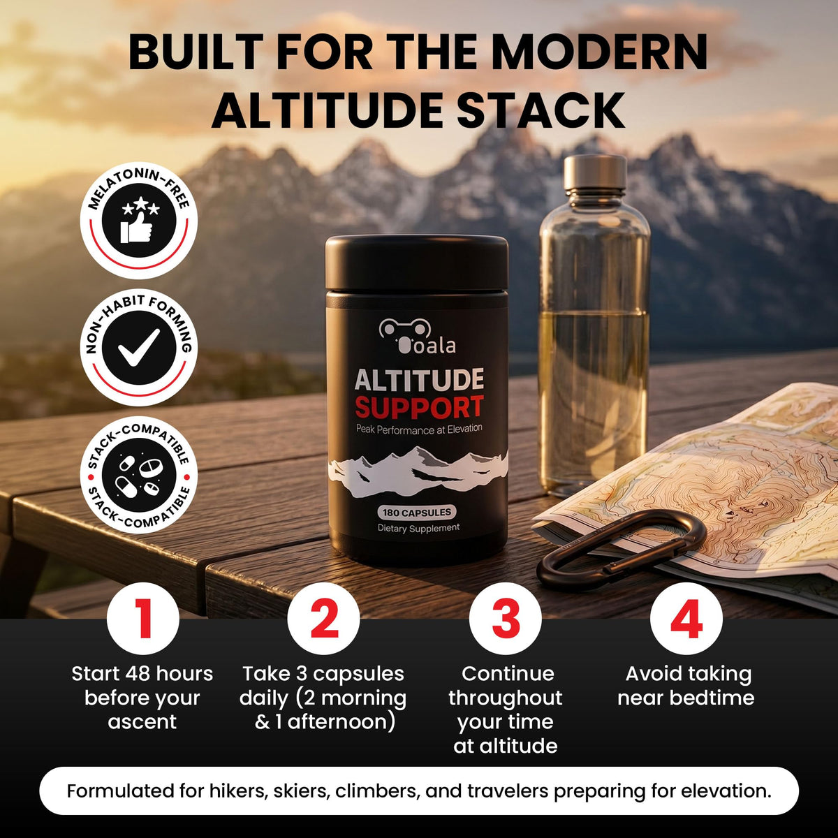 Bouteille de Ooala Altitude Support ouverte montrant les capsules à l'intérieur