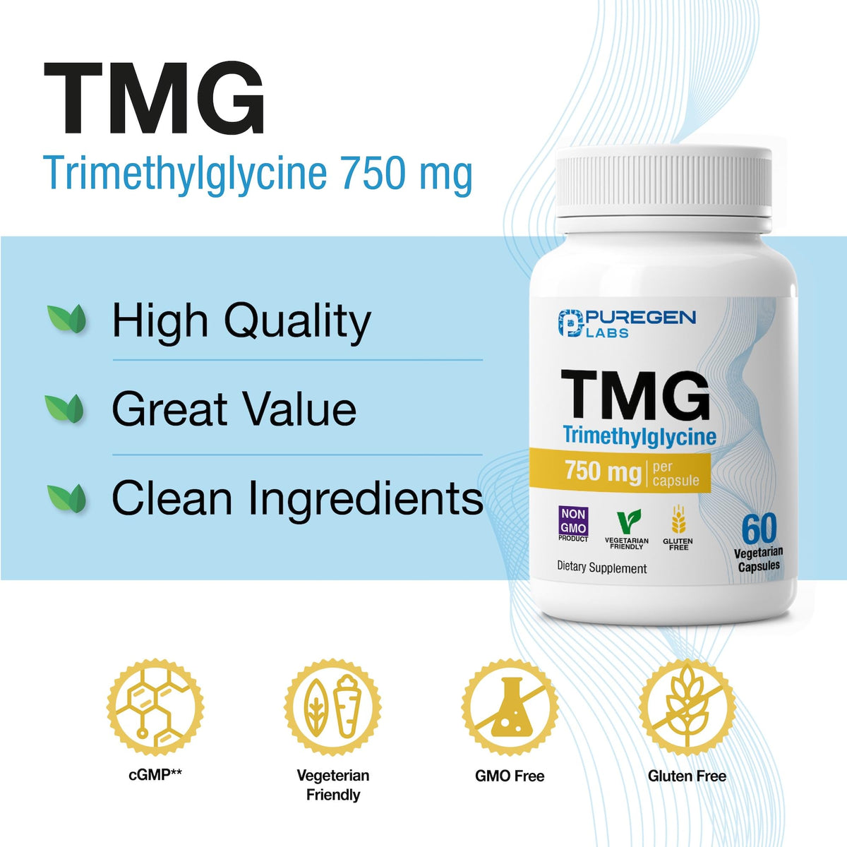Bouteille de P Puregen Labs TMG 750 mg ouverte avec capsules à l'intérieur