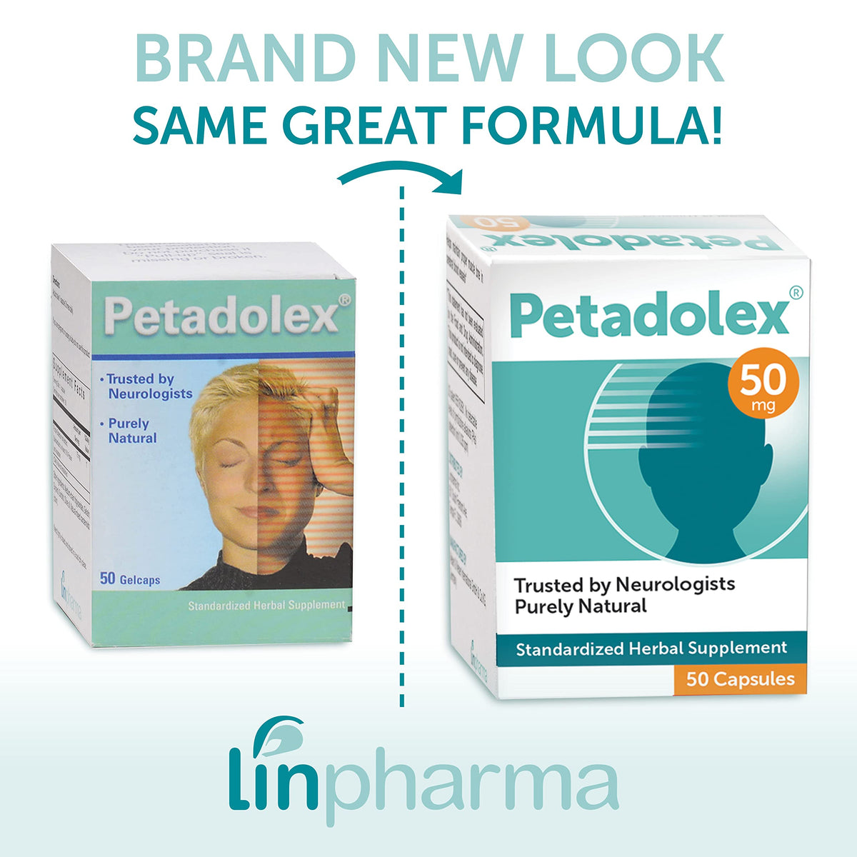 Bouteille de Petadolex montrant le contenu de 50 capsules