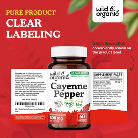Bouteille de piment de cayenne Wild & Organic avec dosage affiché