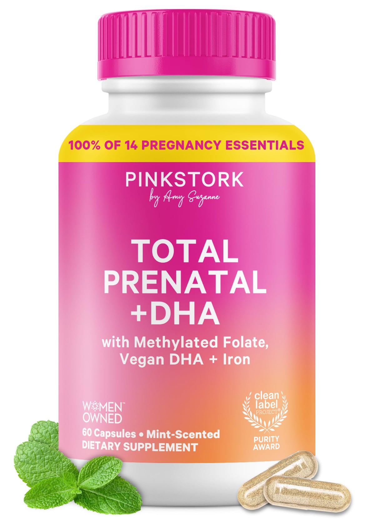 Bouteille de Pink Stork Total Prenatal + DHA, 60 capsules, vue de face