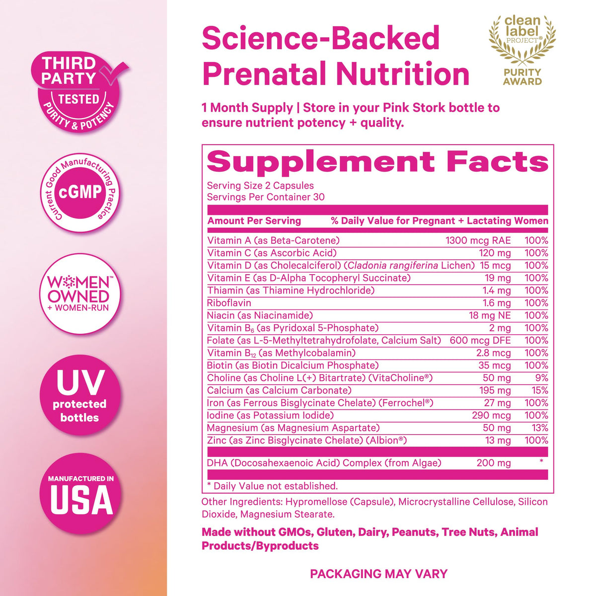 Bouteille de Pink Stork Total Prenatal + DHA avec onglet de fraîcheur
