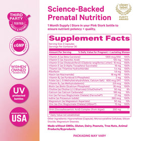 Bouteille de Pink Stork Total Prenatal + DHA avec onglet de fraîcheur