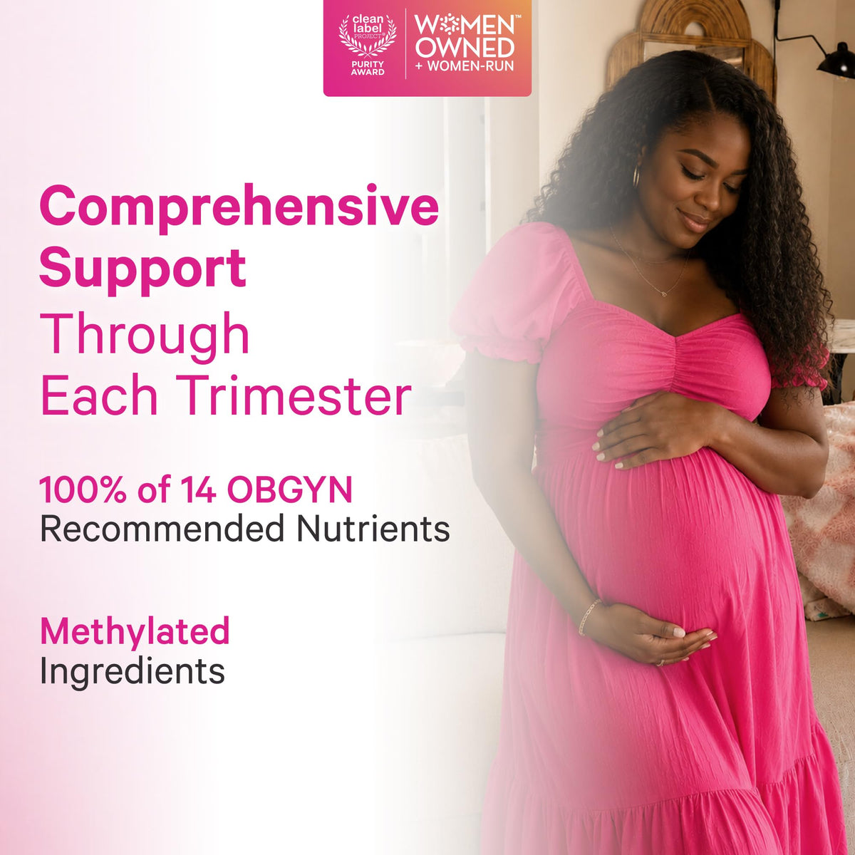 Bouteille de Pink Stork Total Prenatal + DHA sur une table