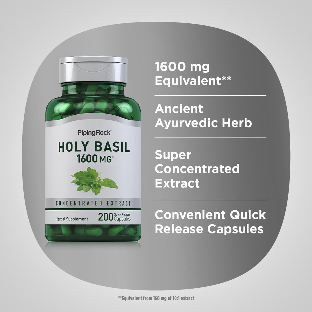 Bouteille de Piping Rock Basilic Sacré 200 Capsules avec étiquette