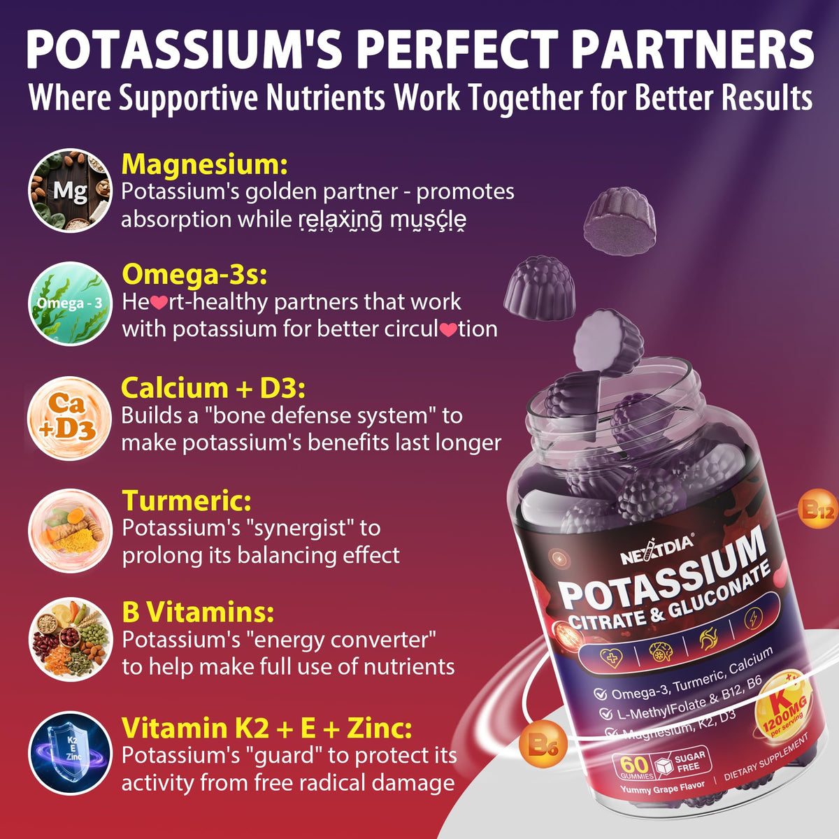 Bouteille de potassium Nextdia avec des gommes en arrière-plan