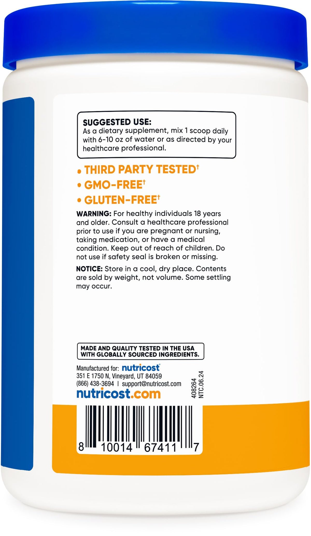 Bouteille de poudre de citrate de magnésium Nutricost 500 g ouverte